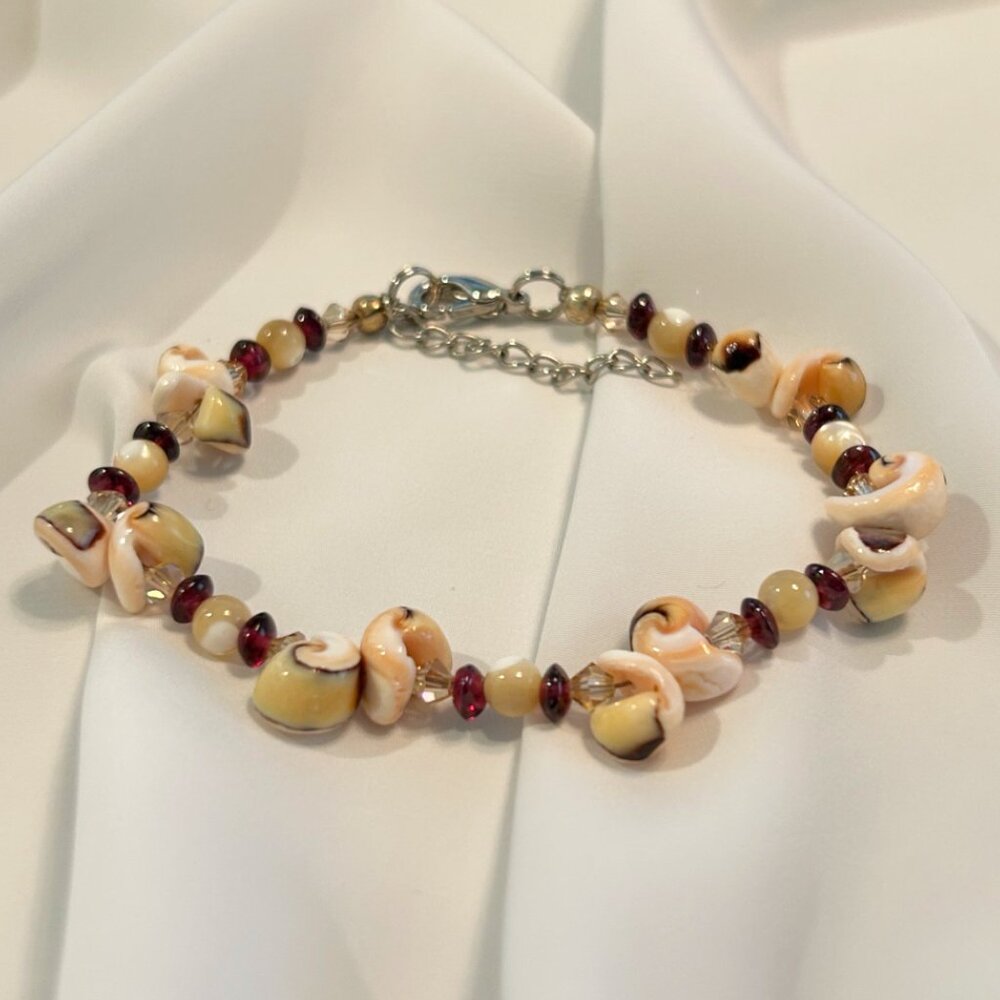 Shell Bead, Pearl, Garnet & Swarovski Crystal Bracelet